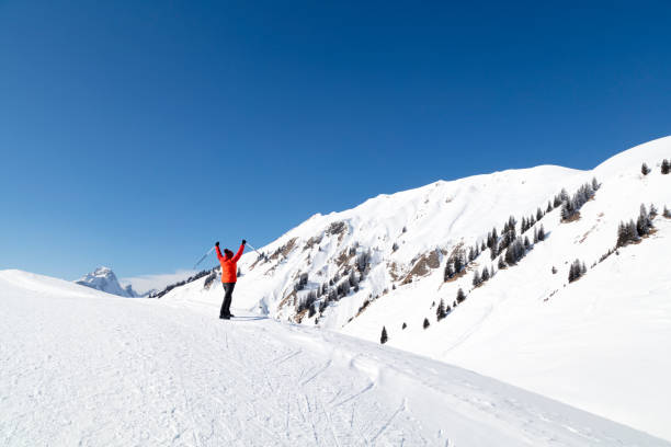 istock Woman Standing On Snow Covered Mountain With Arms Raised 1055980378