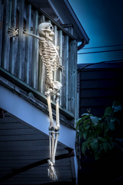 istock Halloween scary skeleton hanging on balcony. 1055985634