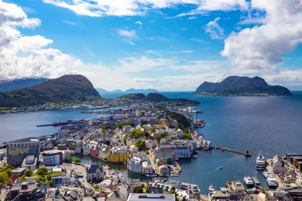 view  from the mountain Aksla at the city of Alesund , Norway"n