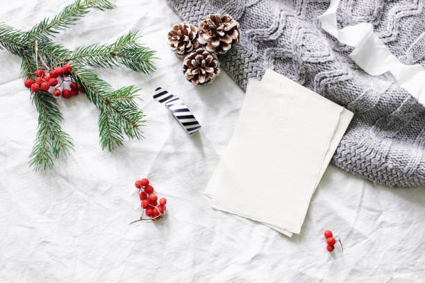 istock Christmas composition. Blank greeting card, wish list mock-up scene. Christmas tree branch, red rowan berries, pine cones and knitted plaid on white linen tablecloth background. Flat lay, top view. 1055989990