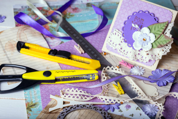 istock scrapbook background. Card and tools with decoration 