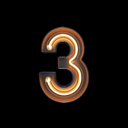Number 3, Alphabet made from Neon Light with clipping path. 3D illustration