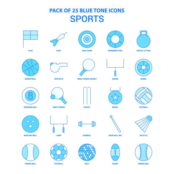 ilustrações, clipart, desenhos animados e ícones de pacote de ícones de tom azul esportes - 25 conjuntos de ícones - tennis ball american football football