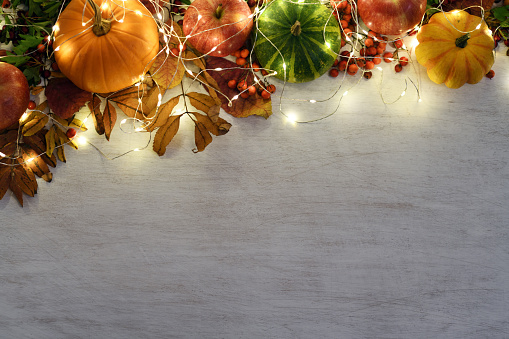 frame of autumnal fruits and vegetables with garland of lights