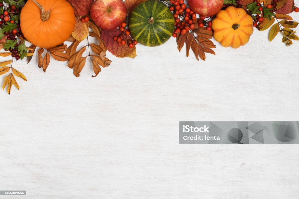 autumn background frame of autumnal fruits and vegetables on white wooden background Autumn Stock Photo