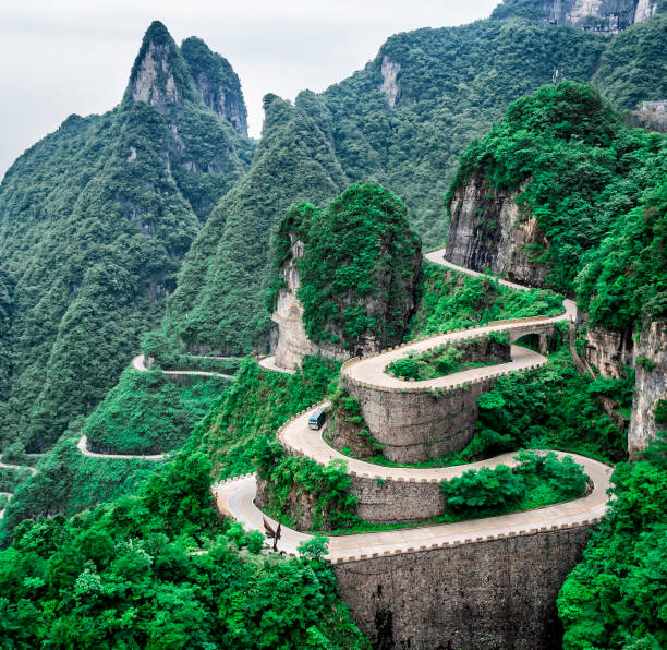 A view of the dangerous  99 curves at the Tongtian Road to Tianmen Mountain, The Heaven's Gate at Zhangjiagie, Hunan Province, China, Asia stock photo