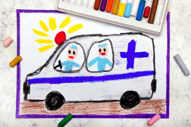 Colorful hand drawing: ambulance and paramedics