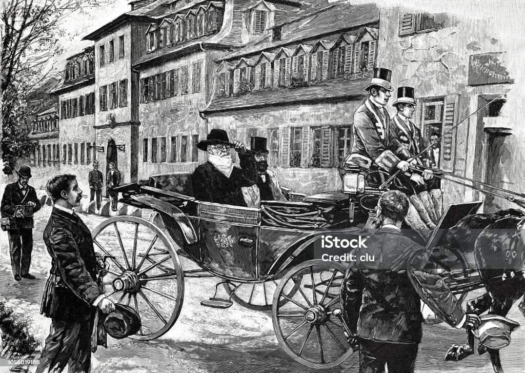 Otto von Bismarck at cure in Bad Kissingen, exit with the carriage Illustration from 19th century Archival stock illustration