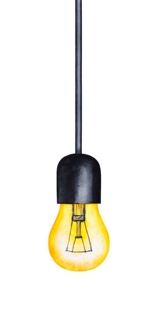 One light pendant illustration. Warm yellow glowing bulb on black cable. Vintage look, nostalgic vibe, industrial style. Hand drawn water color drawing on white, cut out design element for decoration. attic old light bulb loft apartment stock illustrations