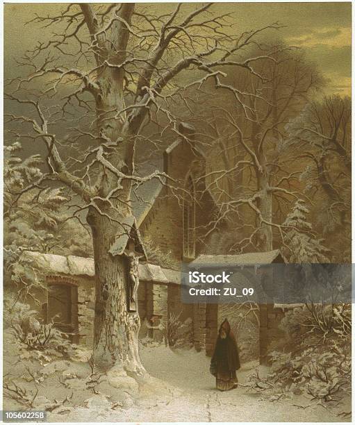 Kloster Yard Im Schnee Stock Vektor Art und mehr Bilder von Gemälde - Gemälde, Schnee, Christentum