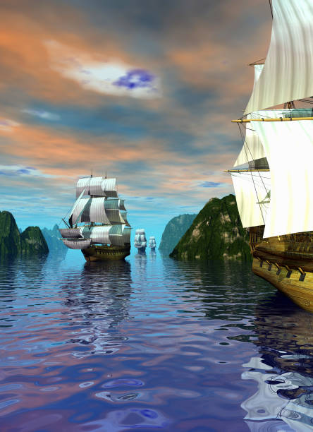 istock Pirate's ships exploring a bay, in the background islands and sky with clouds, 3d illustration 1056025304