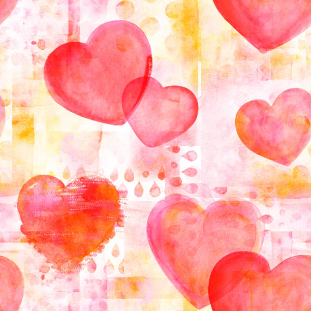 istock Seamless pattern of red watercolor hearts on a pastel patchwork print, Valentine day background 1056028714
