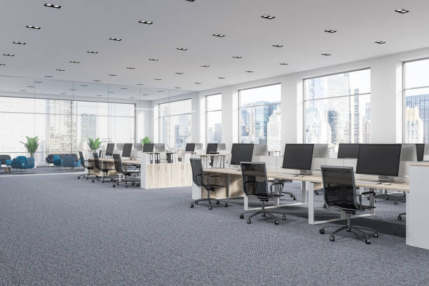 Panoramic company office cubicles in city