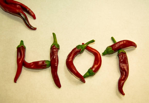 istock Ripe red chillies or chilli peppers on white background. Forming the word hot. 1056035838