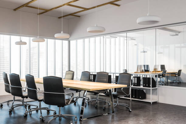 istock Panoramic meeting room corner, wooden table 1056037136