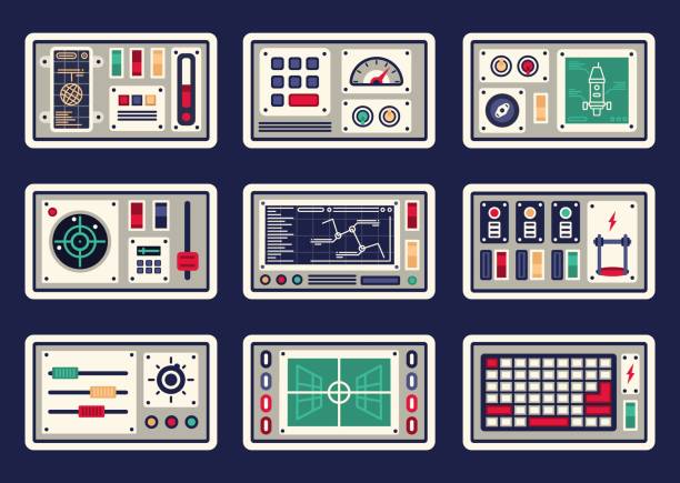 Different control panels Different control panels, consoles, buttons and devices, radar for spacecraft control panel stock illustrations