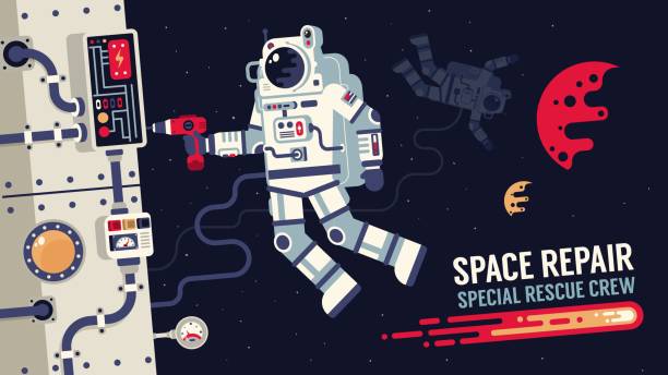 ilustraciones, imágenes clip art, dibujos animados e iconos de stock de astronauta en el traje espacial reparar una nave espacial en el espacio ultraterrestre - astronaut space zero gravity spacewalk