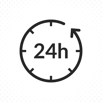 24 hours icon. Clock icon with arrow in linear style. Twenty-four hour symbol, Call service icon