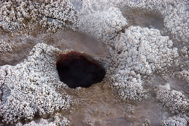 Geyser hole with mineral crystals near it stock photo