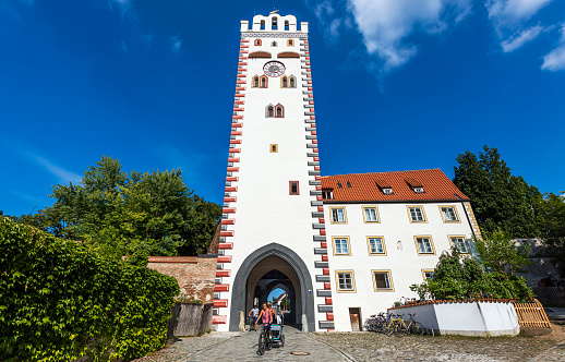 Landsberg am Lech, Germany - August 18, 2018: Historic Bayern tower in Landsberg am Lech, Germany.