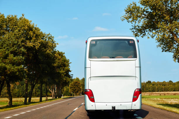 White intercity bus is driving along the road. White intercity bus is driving along the road. Back view. Sunny day. The sky without clouds. Closeup. intercity train photos stock pictures, royalty-free photos & images