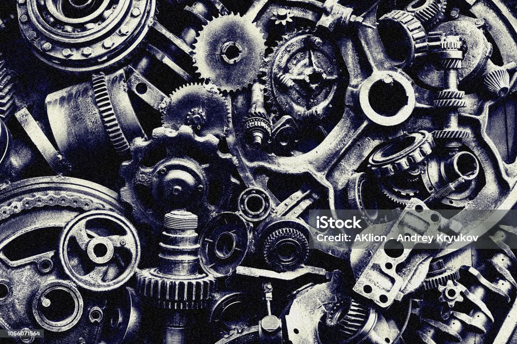 Textura de steampunk, backgroung com partes mecânicas, rodas da engrenagem, vapor punk dentadas, monte de auto peças, antigas correntes de ferro enferrujado, molas, rodas, close-up - Foto de stock de Amontoamento royalty-free