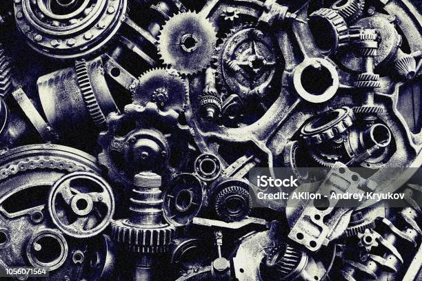 Foto de Textura De Steampunk Backgroung Com Partes Mecânicas Rodas Da Engrenagem Vapor Punk Dentadas Monte De Auto Peças Antigas Correntes De Ferro Enferrujado Molas Rodas Closeup e mais fotos de stock de Amontoamento