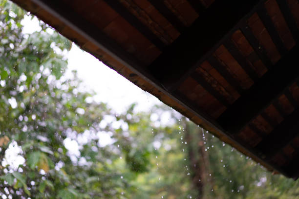istock Rain drops falling from roof with bokeh background 1056071644