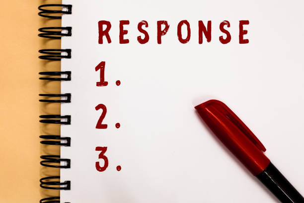 istock Handwriting text writing Response. Concept meaning reaction to something verbal or written answer Counter action Marker over open spiral notebook white page communicating ideas messages. 1056072080