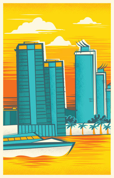 ilustrações, clipart, desenhos animados e ícones de skyline de miami, flórida - cruise travel beach bay