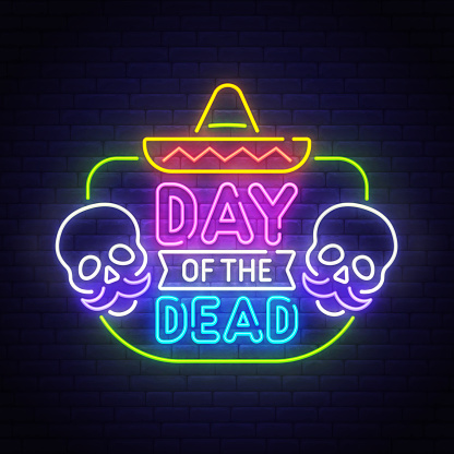 Dia de los Muertos neon sign, bright signboard, light banner. Dead day, night sale logo, emblem. Vector illustration.
