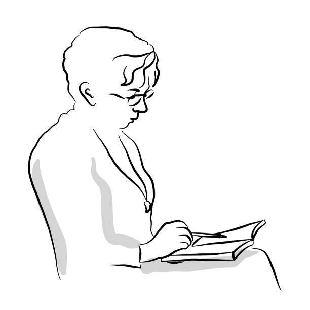 ilustrações de stock, clip art, desenhos animados e ícones de grandmother reading - woman with glasses reading a book