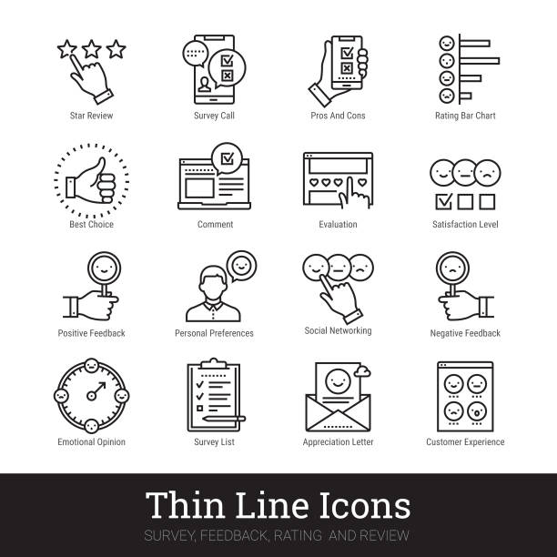ilustrações de stock, clip art, desenhos animados e ícones de survey, feedback, rating and review linear icons. vector illustrations clipart collection isolated on white background. - thumbs up business occupation competition