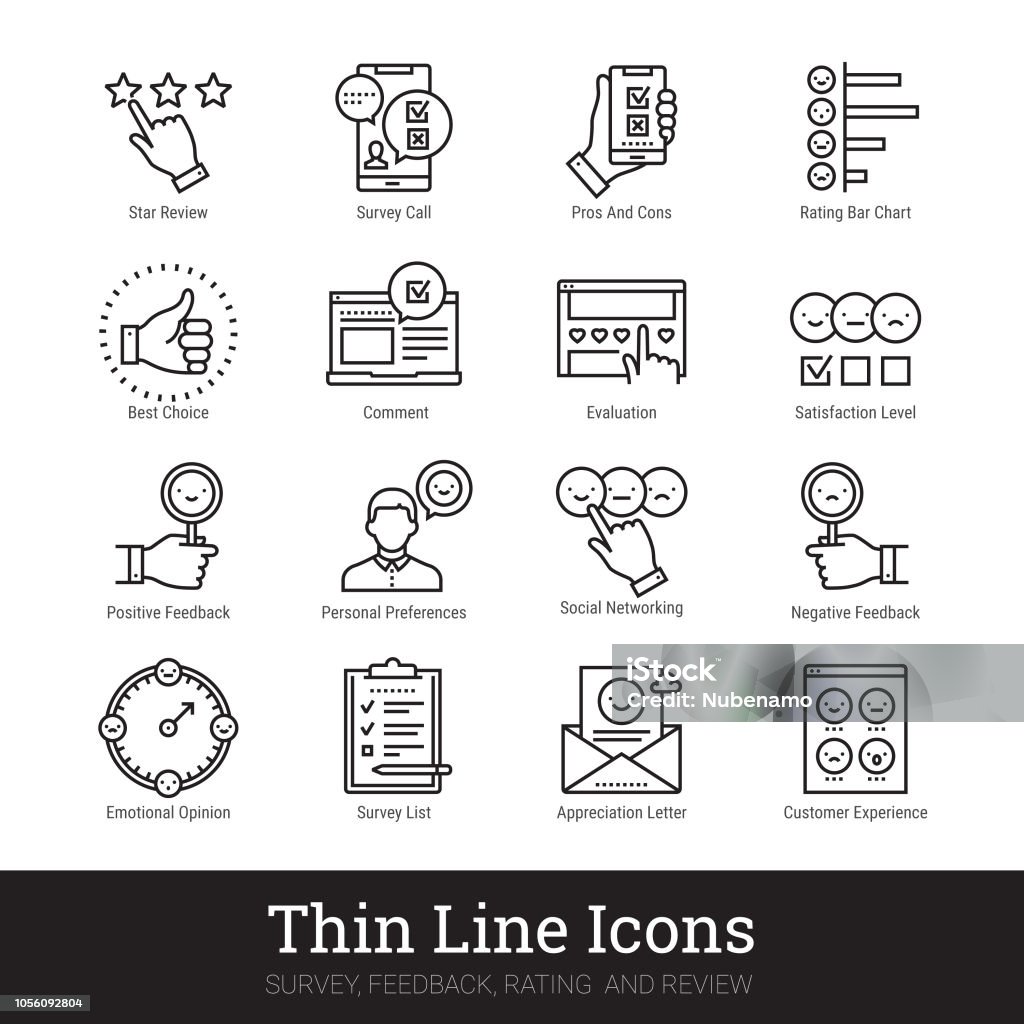Survey, Feedback, Rating And Review Linear Icons. Vector Illustrations Clipart Collection Isolated On White Background. Survey, feedback, rating and review thin line icons. Modern linear illustration concept for social networks, web and mobile application. Checklist, quiz, emotional opinion, personal preferences, satisfaction level, star review pictogram. Outline vector icons collection. Icon Symbol stock vector