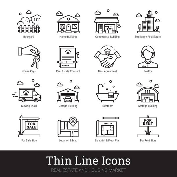 Real Eestate, Moving, Buying House Thin Line Icons. Vector Illustrations Clipart Collection Isolated On White Background. Real estate, moving and buying house thin line icons. Modern linear logo concept for web, mobile application. Home building, commercial property, floor plan, moving service, urban area, city map pictogram. Realty business outline vector icons set. floor plan illustrations stock illustrations