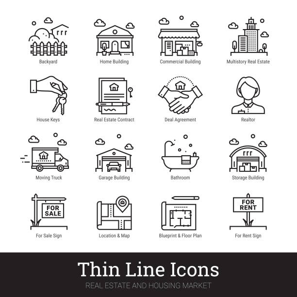 Real Eestate, Moving, Buying House Thin Line Icons. Vector Illustrations Clipart Collection Isolated On White Background. Real estate, moving and buying house thin line icons. Modern linear logo concept for web, mobile application. Home building, commercial property, floor plan, moving service, urban area, city map pictogram. Realty business outline vector icons set. real estate agent illustrations stock illustrations