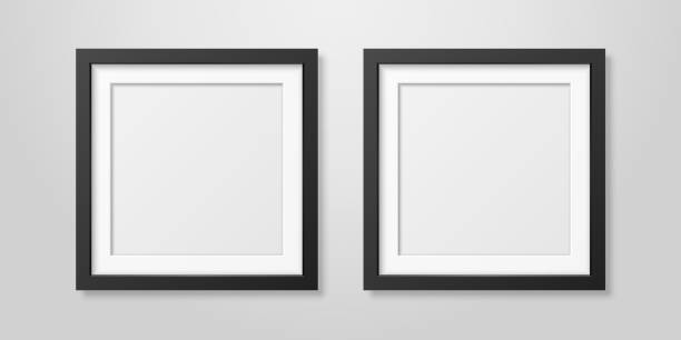 Two Vector Realistic Mofern Interior Black Blank Square Wooden Poster Picture Frame Set Closeup on White Wall Mock-up. Empty Poster Frames Design Template for Mockup, Presentation, Image or text Two Vector Realistic Mofern Interior Black Blank Square Wooden Poster Picture Frame Set Closeup on White Wall Mock-up. Empty Poster Frames Design Template for Mockup, Presentation, Image or text. gallery picture frames wall set pictures stock illustrations