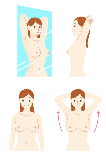 illustrazioni stock, clip art, cartoni animati e icone di tendenza di set di auto-palpazione del cancro al seno - waist up