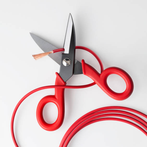Electric cable cut by scissor.