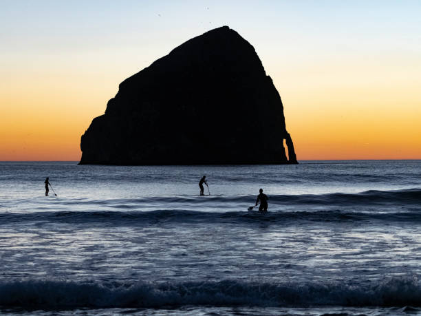 zachód słońca haystack rock cape kiwanda oregon stand up paddle boarding - cape kiwanda state park zdjęcia i obrazy z banku zdjęć