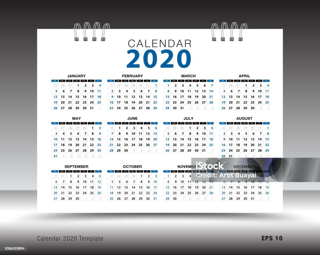 Disposition de modèle de calendrier 2020, fond bleu, flyer brochure entreprise, presse, publicité, modèle de conception Simple, illustration vectorielle créatif - clipart vectoriel de 2020 libre de droits