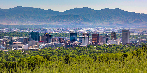 Salt Lake City with buildings and mountain view. Populous Salt Lake City in Utah with buildings and skyscrapers on a sunny day. Trees can be seen in the foreground with mountains in the background.