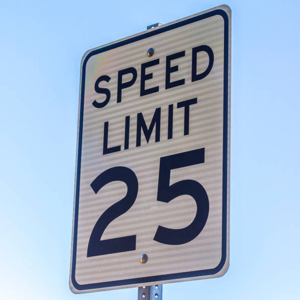 istock Speed limit road sign against a blue sky 1056105234