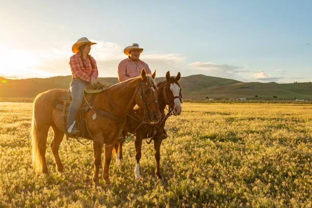 cowboy et cowgirl en interpellant à cheval au coucher du soleil - western culture flash photos et images de collection