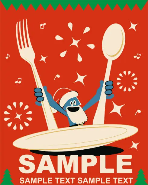 Vector illustration of Smiling blue man with santa hat and beard and huge fork and spoon and empty plate, Merry Christmas and New Year Greeting Card