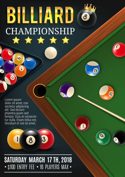 ilustraciones, imágenes clip art, dibujos animados e iconos de stock de mesa de juego de billar cue y pelotas - pool hall