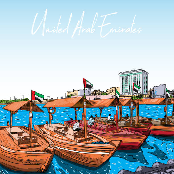 Old traditional boats on the Bay Creek in Dubai, United Arab Emirates, UAE. Hand drawn sketch. Piers of traditional water taxi in Deira area. Famous tourist destination. Vector. vector. dhow stock illustrations