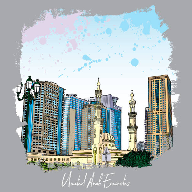 istock Dubai Marina district Mosque, hand drawn sketch with watercolor splashes and skyscrapers in UAE. Illustration, vector. 1056119940