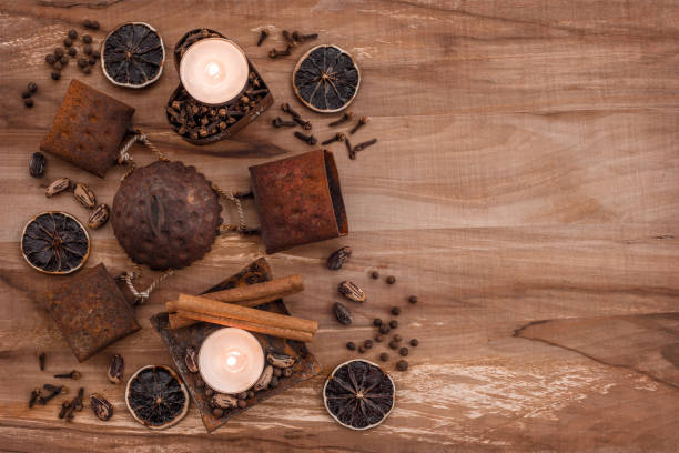 istock Vintage composition with rusty metal, candles and spices 1056122426
