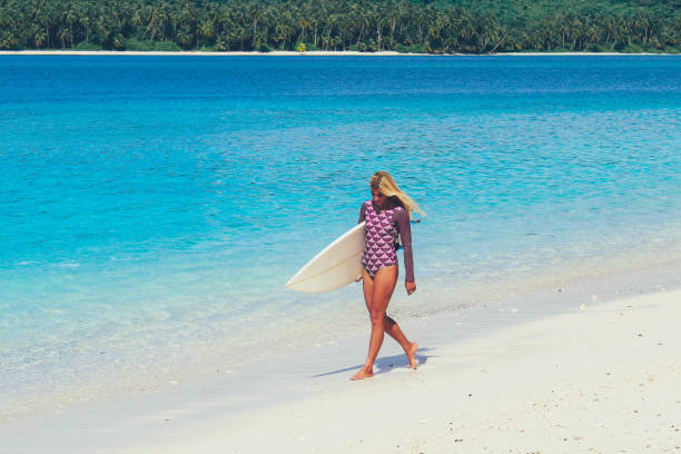 istock Women walking on the beach in bikinis and surfboard 1056161886